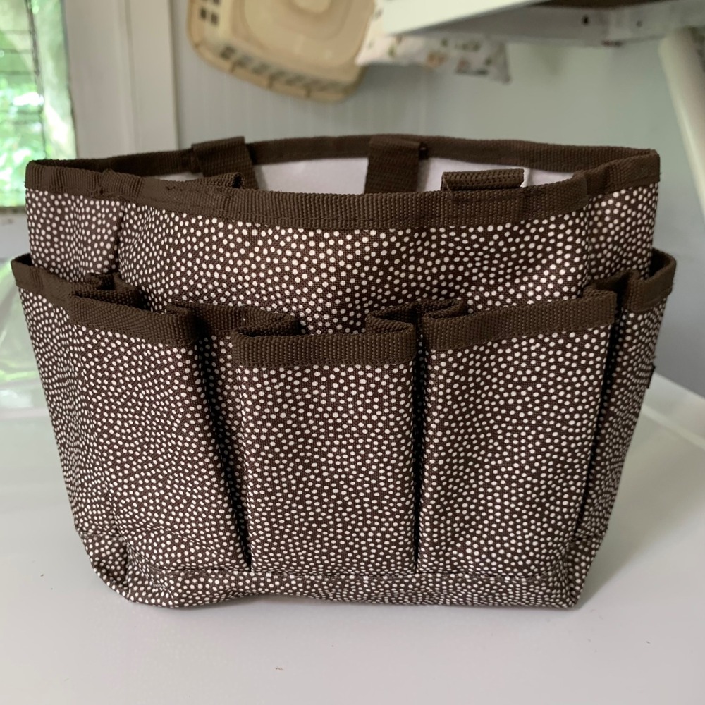 Thirty-One Carry-All Caddy OS Brown Polka Dot Multi Pocket Organizer Tote Crafts